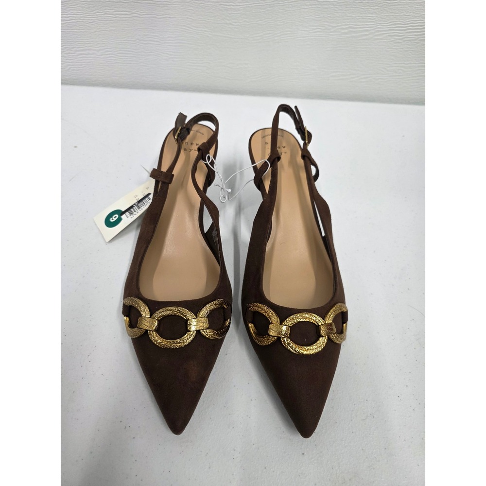 A New Day Brown Faux Suede Slingback Kitten Heels Gold Chain Accent Size 9
